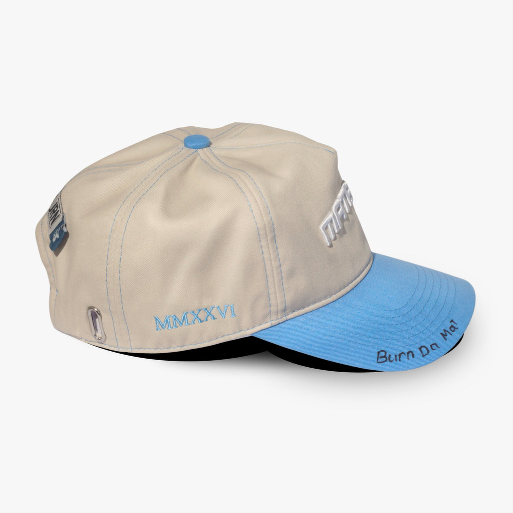 MB26URN Cap, beige crown and blue brim, by MatBurn