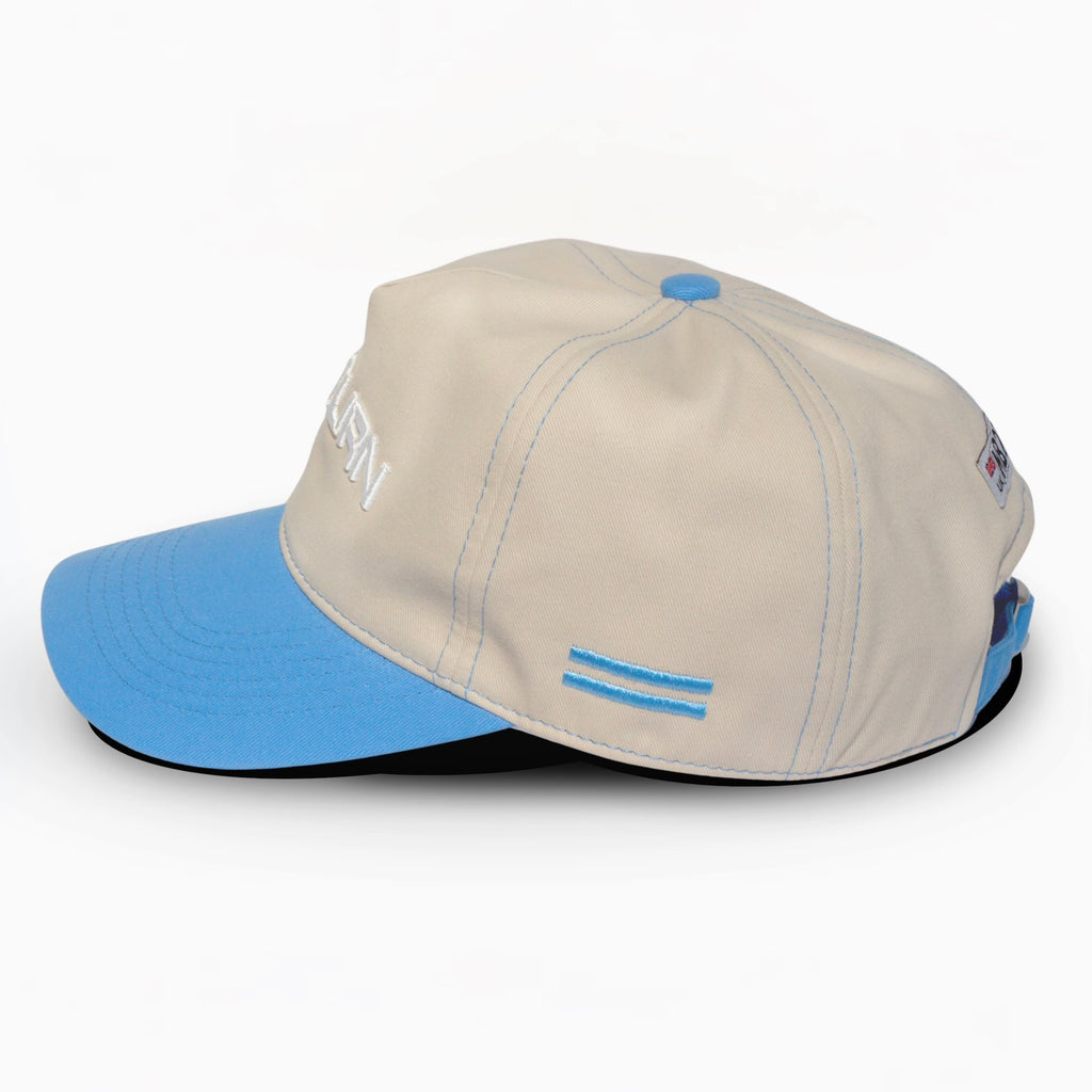 MB26URN Cap, beige crown and blue brim, by MatBurn